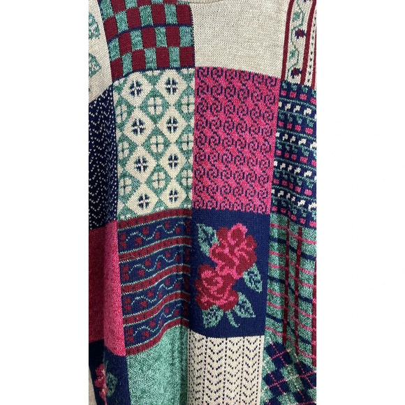 Vintage 90s Knit Patchwork Floral Checkered Sweater Size L - Picture 6 of 6